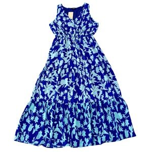 Fashion Blue Floral Maxi Dress Sleeveless Tiered V-Neck Elastic Waist Large NWT